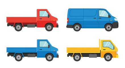 Colorful cartoon illustration featuring a red pickup blue van and two other trucks