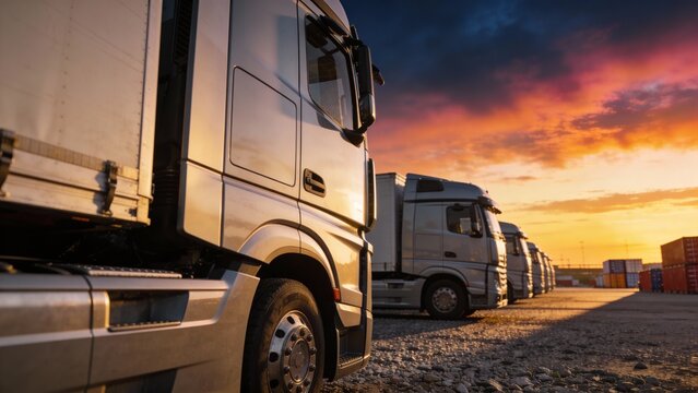 Clean heavy-duty trucks lined up on logistics terminal at golden hour
