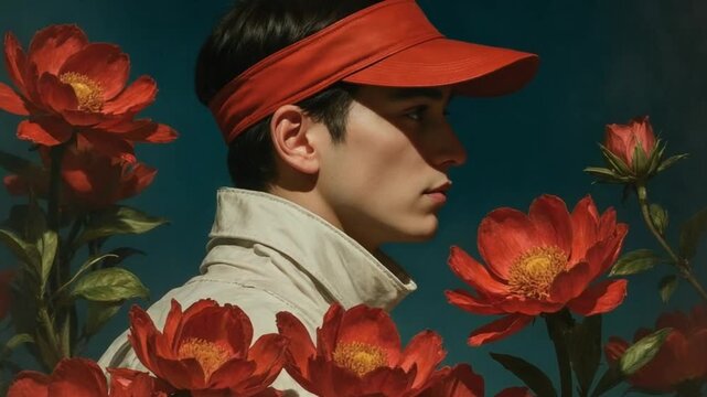 Young man in red visor surrounded by vibrant red flowers against a teal background