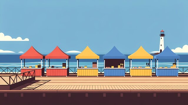 Colorful seaside market stalls on a wooden pier with distant lighthouse - sunny coastal illustration
