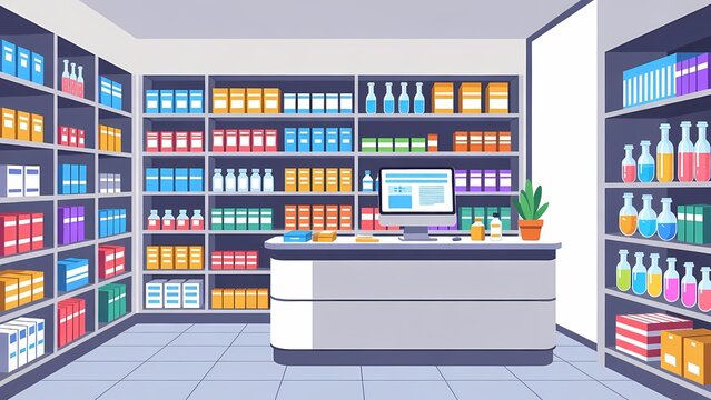 Cartoon style pharmacy interior with shelves of medicine bottles, a checkout counter and computer in a bright vector illustration