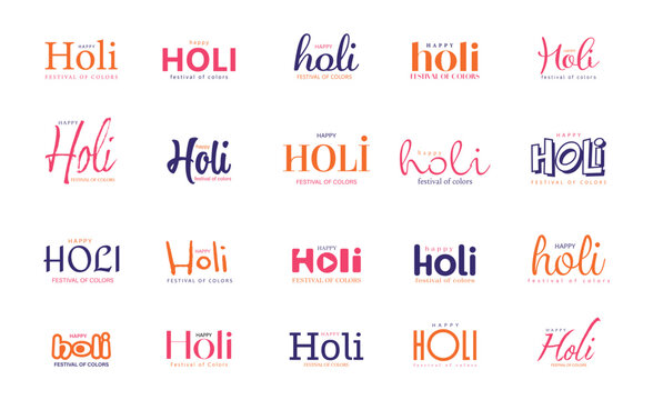 Happy Holi Indian festival of colors typography design set. Happy Holi text. Vector illustration.