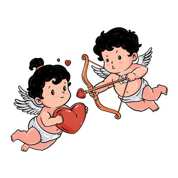 This cartoon illustration features two adorable baby Cupids with curly black hair and tiny white wings. The image exudes a cheerful and loving atmosphere, perfect for Valentine's Day