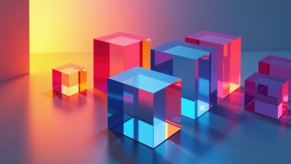 Obraz premium Colorful glass cubes reflecting neon light on surface
