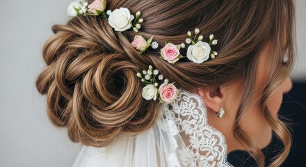 Elegant wedding hairstyle updo adorned with beautiful pink and white roses and delicate floral hair accessories, close-up of the bride's intricate formal bun.