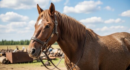 Obraz premium Brown Horse Wearing Bridle in a Sunny Field