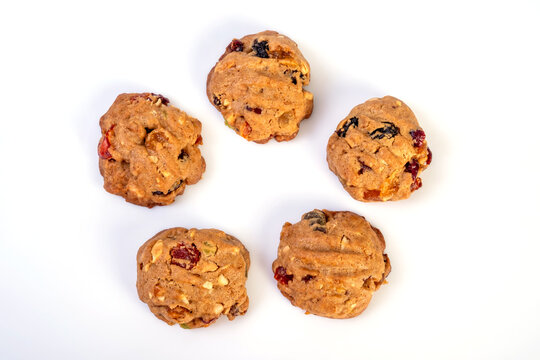 Cookies with freeze dried fruits on white background. Cookies homemade delicious and favorise.