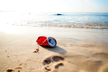 Obraz premium Crumpled soda can on sand beach at sea. Discarded broken soda can at seashore. Environmental pollution, sea water pollution. Rubbish on beach. Clean beach from trash. Empty crumpled can from drink.