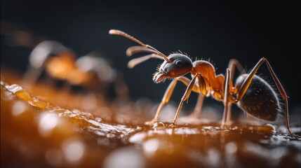 Naklejka premium Intricate dance of ants on sweet nectar in a dark woodland setting