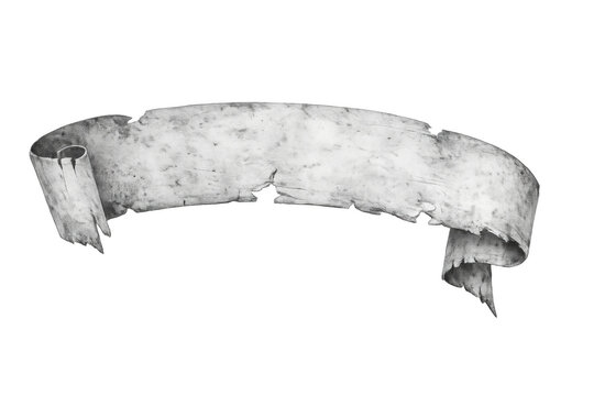 Vintage scroll parchment banner paper creating a gray tattered ribbon texture for antique old weathered message template
