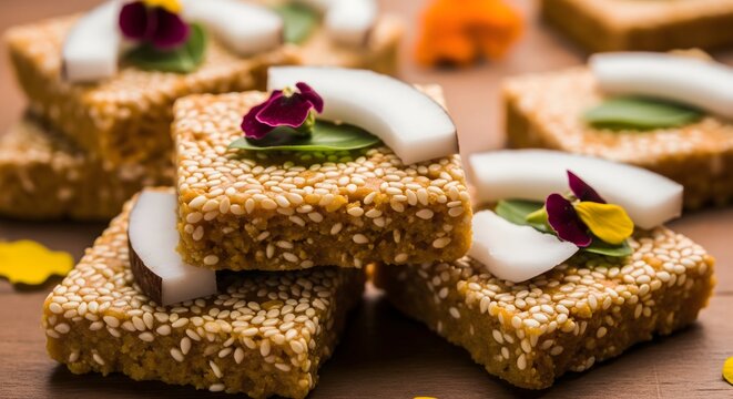 Traditional Indian Sesame Sweet with Coconut Topping, Til Gud Mithai Dessert, Festive Food Treat, Winter Delicacy, Cultural Cuisine and Homemade Confectionery Concept