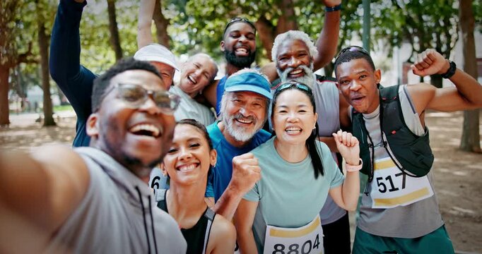 Marathon team, face and selfie in park for sports event, competition memory and achievement. Running club, excited people and celebration photo in nature for race success, online post and fist pump