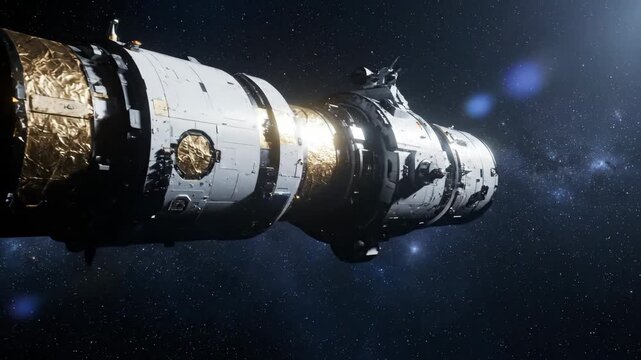 A futuristic spaceship moves through outer space against a vast starfield. Detailed orbital station module or cargo vessel representing exploration and advanced technology