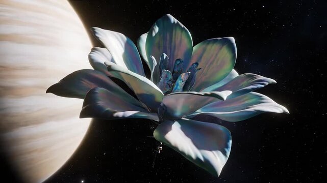 Fantasy cosmos flower, abstract blue bloom in dark space. Petals and floral cosmic bloom for dreamlike fantasy concept. 