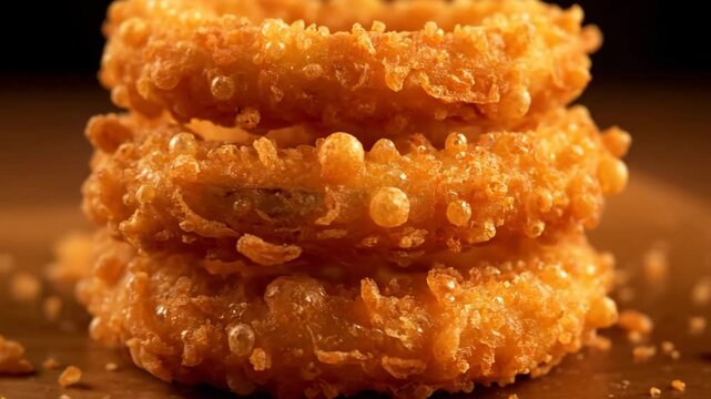 Macro close-up of a stack of three golden crispy deep fried onion rings, showcasing the crunchy texture and hot batter, often served as a delicious fast food appetizer or side dish.