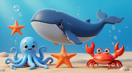 Fototapeta premium Whimsical Underwater Cartoon Scene with Playful Whale, Curious Octopus, Bright Starfish, Cheerful Orange Crab, Bubbles, Sand, and a Sense of Wonder