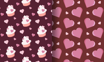 Obraz premium Two seamless Valentine s Day patterns one with cupcakes and hearts the other with glossy pink hearts on maroon backgrounds