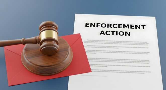 Enforcement Action Document with Judge Gavel, Legal Compliance and Regulatory Decision Concept, Law Enforcement Procedure, Corporate Penalty, Justice System and Authority