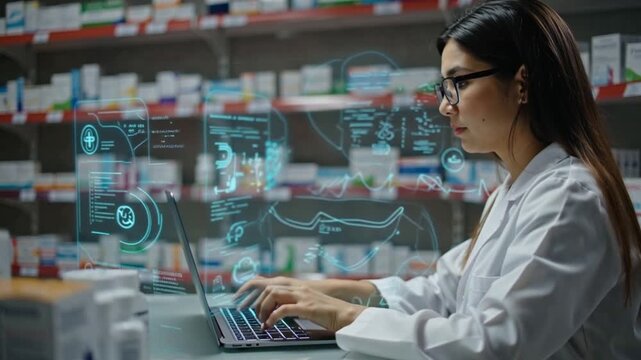 4K cinematic video, professional female pharmacist working laptop inside modern pharmacy, clean shelves medicine daylight, shallow depth field futuristic holographic UI overlays floating near laptop