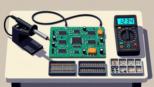 PCB circuit board on a technical test bench with a digital multimeter in a lab setting, studio photography, high tech electronics
