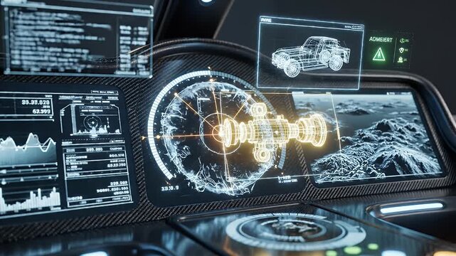 Futuristic interface displays advanced vehicle diagnostics and terrain mapping on multiple screens with dynamic graphics and data visualization.