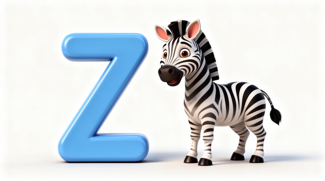 Playful 3D cartoon zebra smiling beside bright blue letter Z on white background, educational alphabet illustration for children