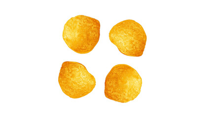 Four golden potato chips on transparent background