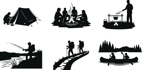 camping silhouette, outdoor activity, tent setup, campfire group, cooking fire, fishing scene, hiking trail, canoe paddling, nature sketch, black and white,  © MdJahid