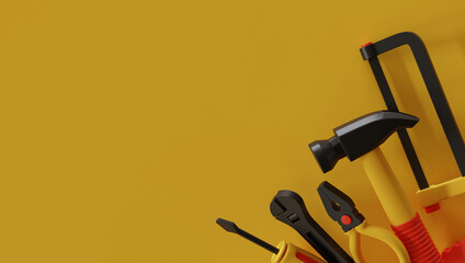 Hand tools set on yellow background: saw, pliers, wrench, hammer and screwdriver