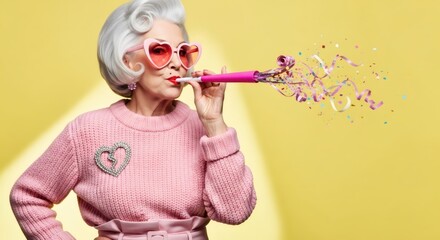 Woman blowing party horn with colorful confetti and ribbons. New Year celebration and birthday party concept. Festive holiday for greeting card.