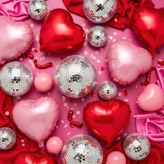 Flat lay of red and pink heart balloons with disco balls, silk fabric, confetti. Party arrangement for Valentine Day, birthday, celebration. Event decoration.