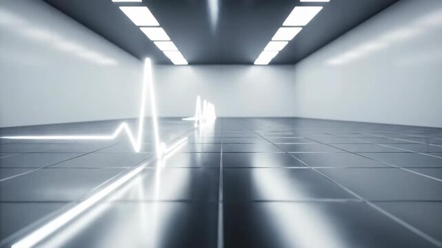 Abstract glowing heartbeat line in a modern hallway. Concept of pulse, life, health.