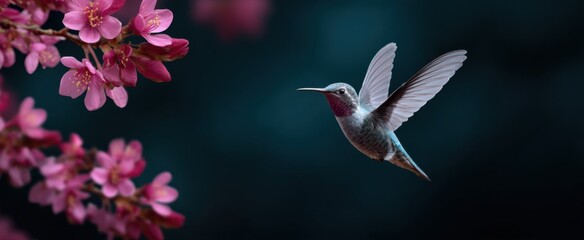 Obraz premium Tiny bird hovers near vibrant blossoms in midair motion.