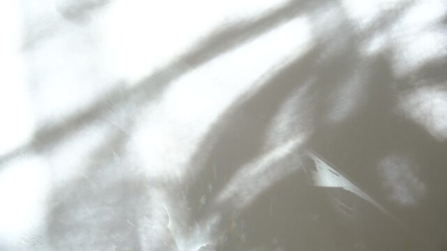 White wall on which gleams of light cast fanciful shadows. The twilighty shadows danced across the light background, Surreal backdrop, overlay shadows. Wonders of refraction caustic light.