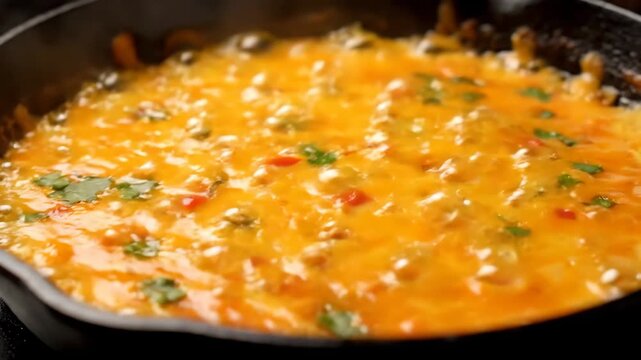 Close-up of hot, bubbling melted queso cheese dip with fresh cilantro and chopped peppers served in a black cast-iron skillet, ready for dipping and sharing.
