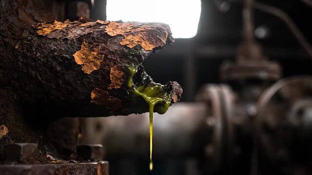 Close up of a corroded pipe with dripping yellow liquid, rust and industry detail.