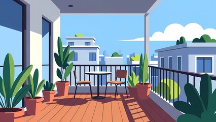 Naklejka premium Balcony patio with potted plants and outdoor seating overlooking city rooftops