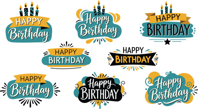 A festive collection of eight teal and gold happy birthday vector badges featuring stylized typography and candles, isolated on white.