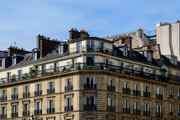 Obraz premium Elegant Haussmann-style apartment building on Ile Saint-Louis in Paris, featuring a wraparound rooftop terrace with greenery and classic wrought iron balconies under bright daylight.