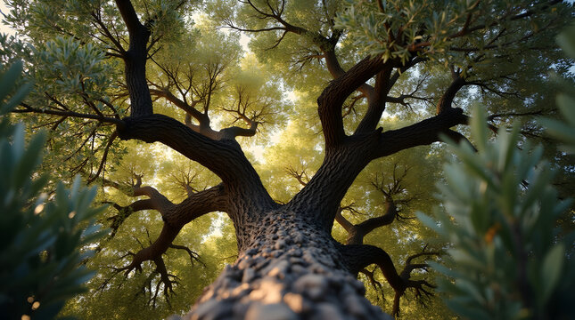 Majestic tree viewed from below, showcasing its sprawling branches and lush green leaves against the sunlight.