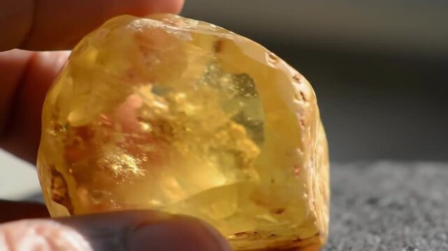Close up of person holding large uncut Yellow Gemstone, Rough Gem in hand.