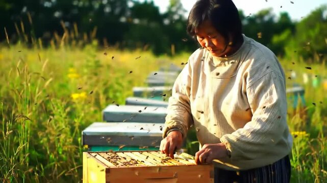 Asian woman beekeeper inspecting beehive with bees in a field of green grass.