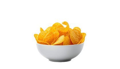 A white bowl filled with crispy potato chips on transparent background