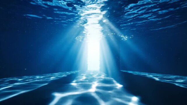 Underwater corridor with sunbeams, light from above, blue water, ripples, serene, peaceful