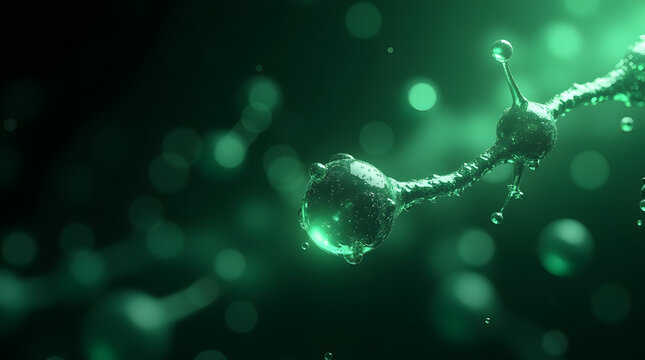 Close-up view of a molecular structure illuminated in vibrant green hues, evoking a sense of scientific discovery and innovation.