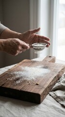 Fototapeta premium Hands sifting white flour through a sieve, creating a dust cloud over a rustic wooden cutting board, preparing ingredients for traditional baking in a home kitchen