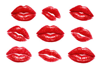 Red glossy lips with diverse expressions creating a pattern, representing beauty, sensuality, passion, and makeup