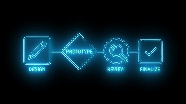 Neon-lit design process flowchart with glowing blue icons on a black background