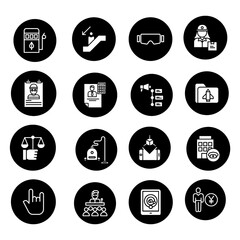 Comprehensive set of black circular icons for professional services, featuring symbols for real estate, legal aid, security, and administration. Perfect for website footers.