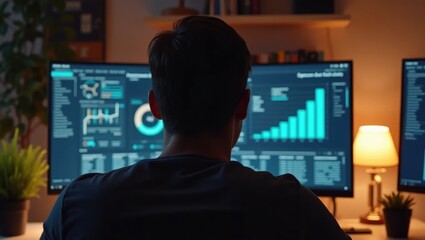 Fototapeta premium DeFi Analyst at Home Office with Dual Monitors